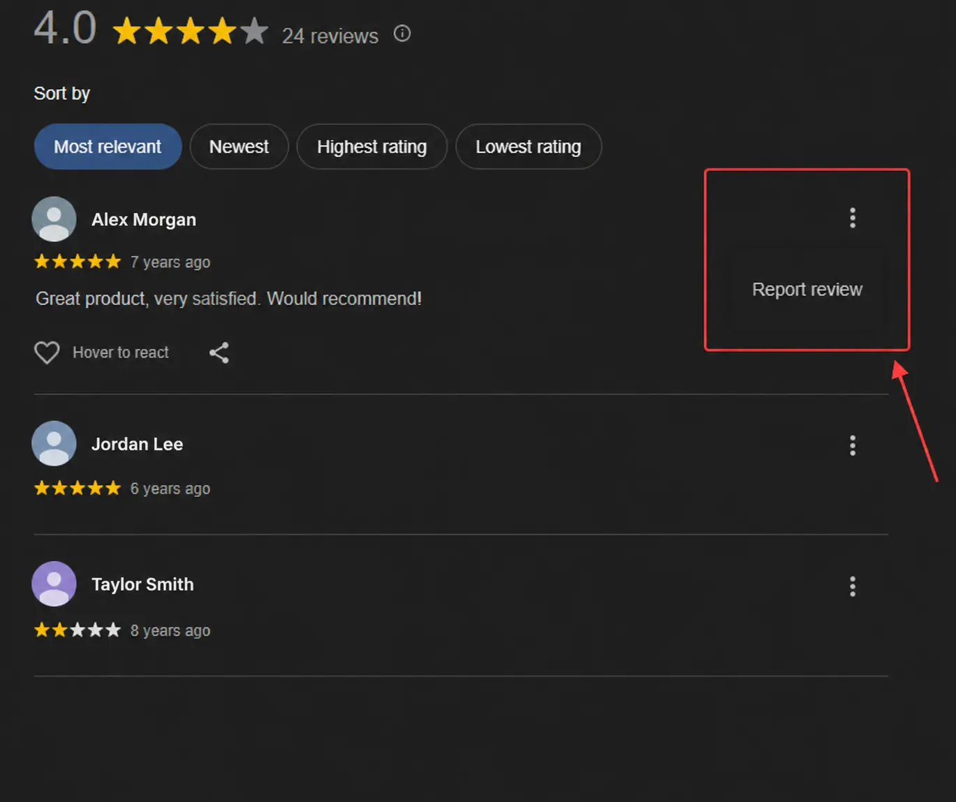 Google reviews interface showing the three-dot menu with the “Report review” option highlighted.