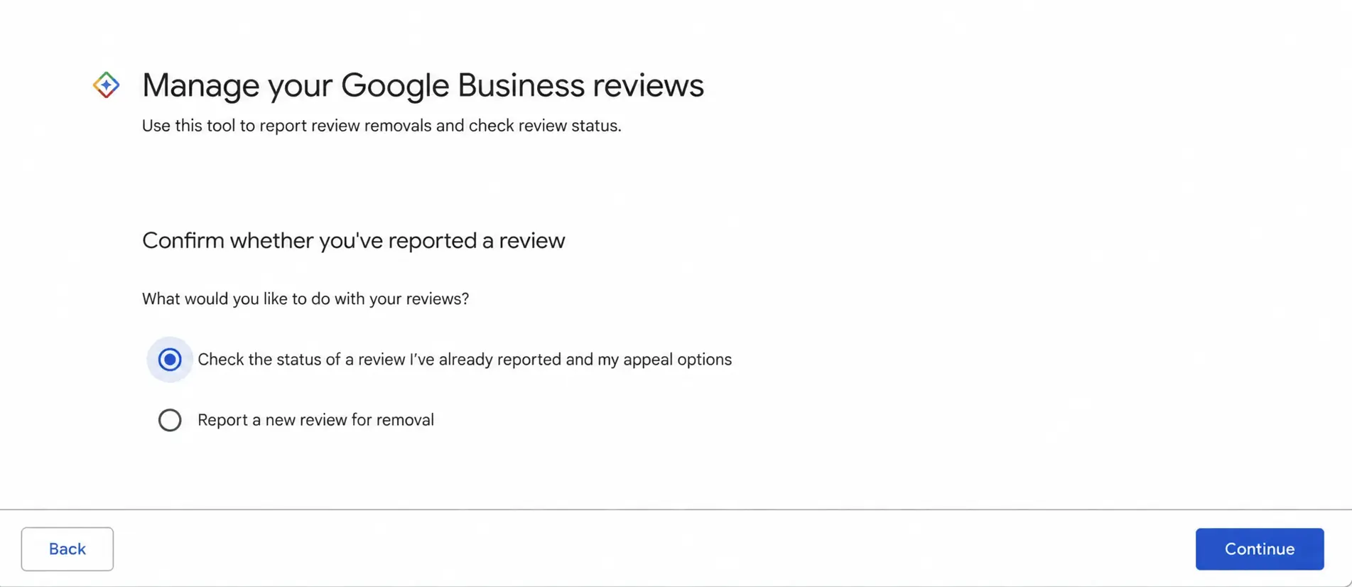 Google Reviews Management Tool showing the option to check the status of a reported review and appeal options.