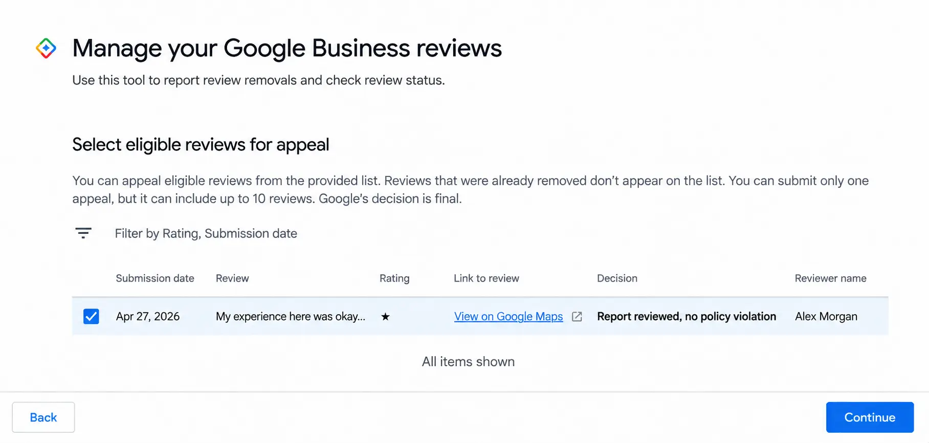 Google Reviews Management Tool showing an eligible review selected for appeal, with the decision status and Continue button visible.
